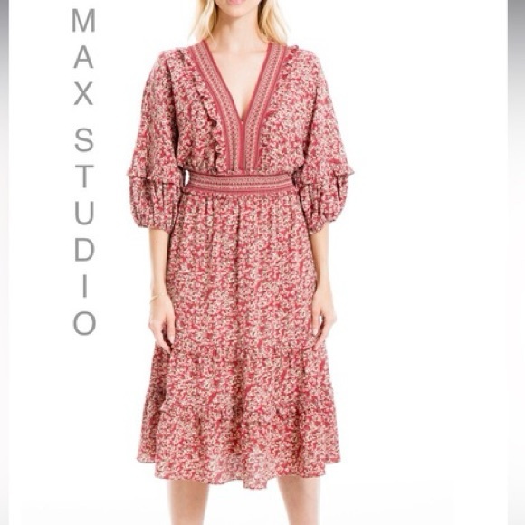 NWOT Max Studio V-neck Empire Waist Dress, Size M Balloon Sleeves Midi Maxi Red - Picture 1 of 6